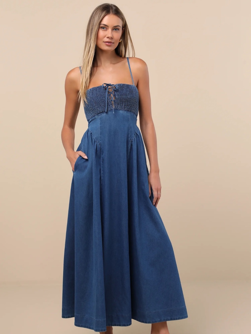 Denim Lace Up Midi Dress- Medium Wash